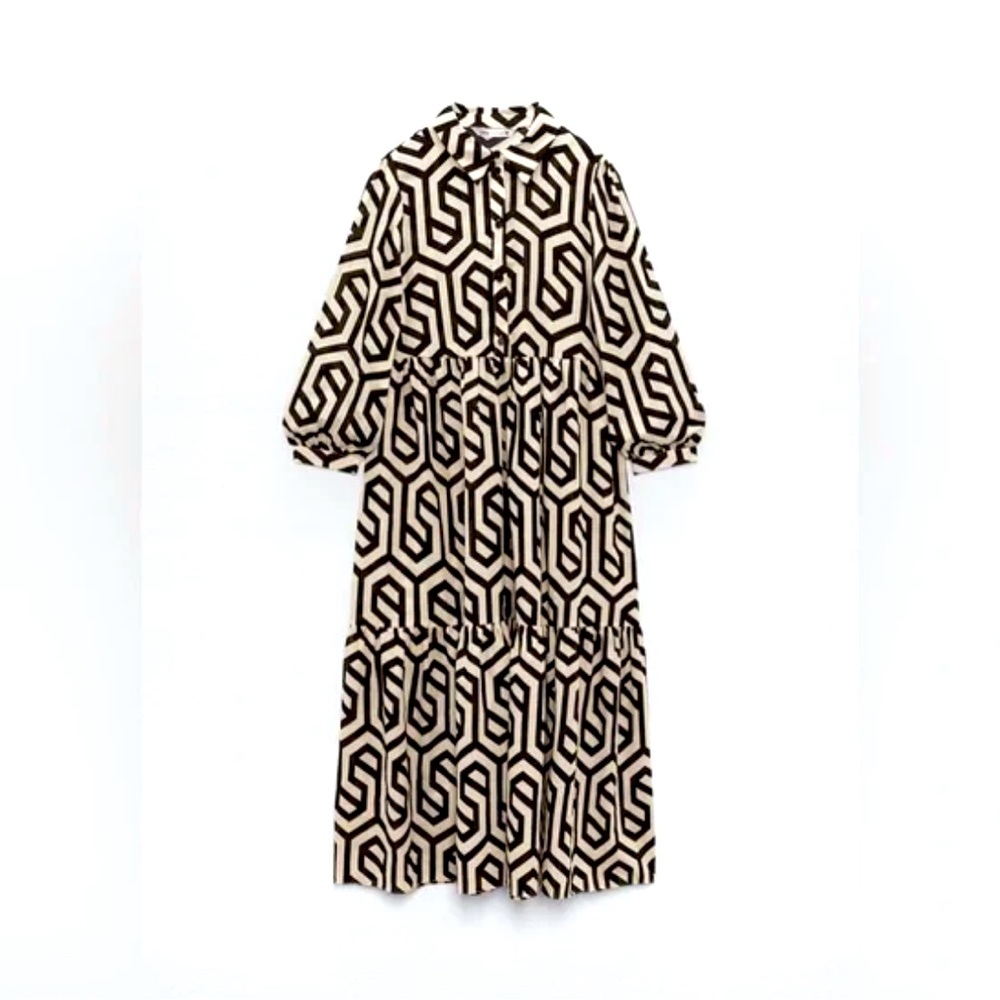 Zara black & ecru print midi dress